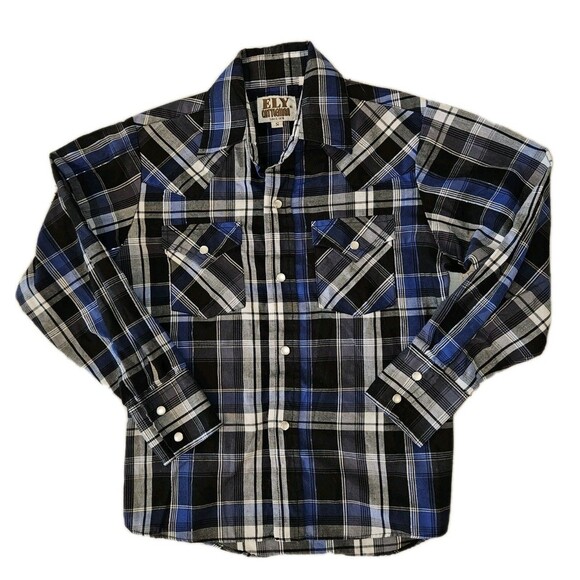 Ely Cattleman Shirt, Pearl Snap Blue Plaid Western Pockets youth Boys Sz. Small - Picture 1 of 5